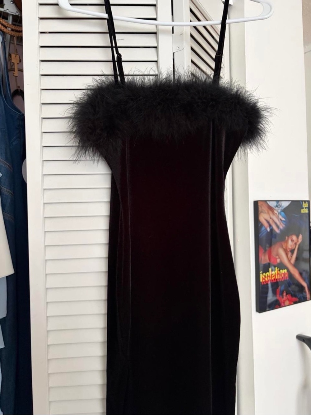 Fashion Nova Black Velvet Feather-Trim Midi Slip Dress - Picture 3 of 5